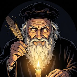 The Lessons in Ink chronicler, writing by candlelight